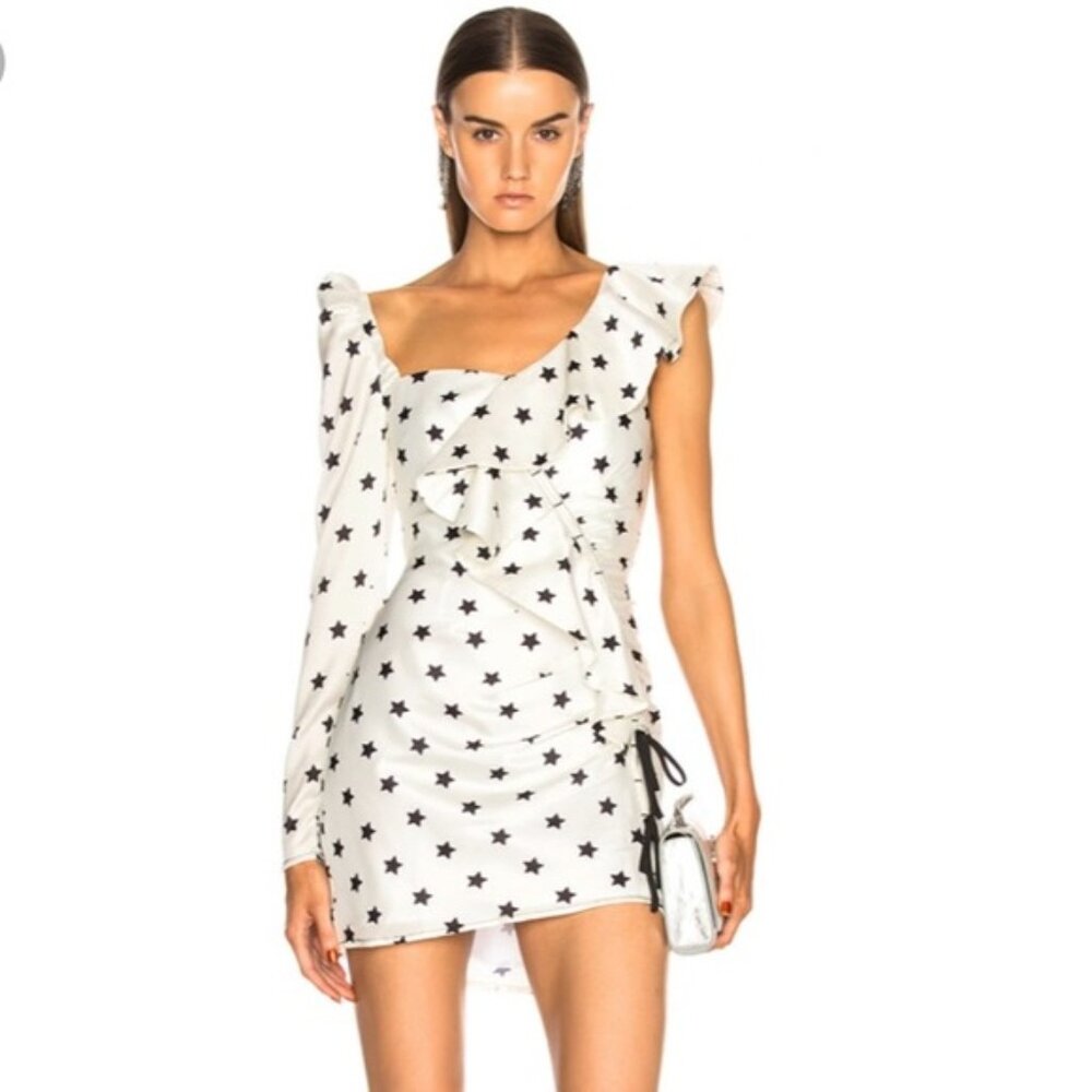 Self-Portrait Asymmetrical Mini Dress White Satin Stars Ruffles One Sleeve 4